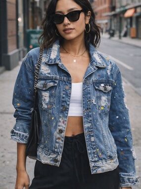Rolling Paper Denim Jacket Distressed Paint Splatter Streetwear Women’s XL
